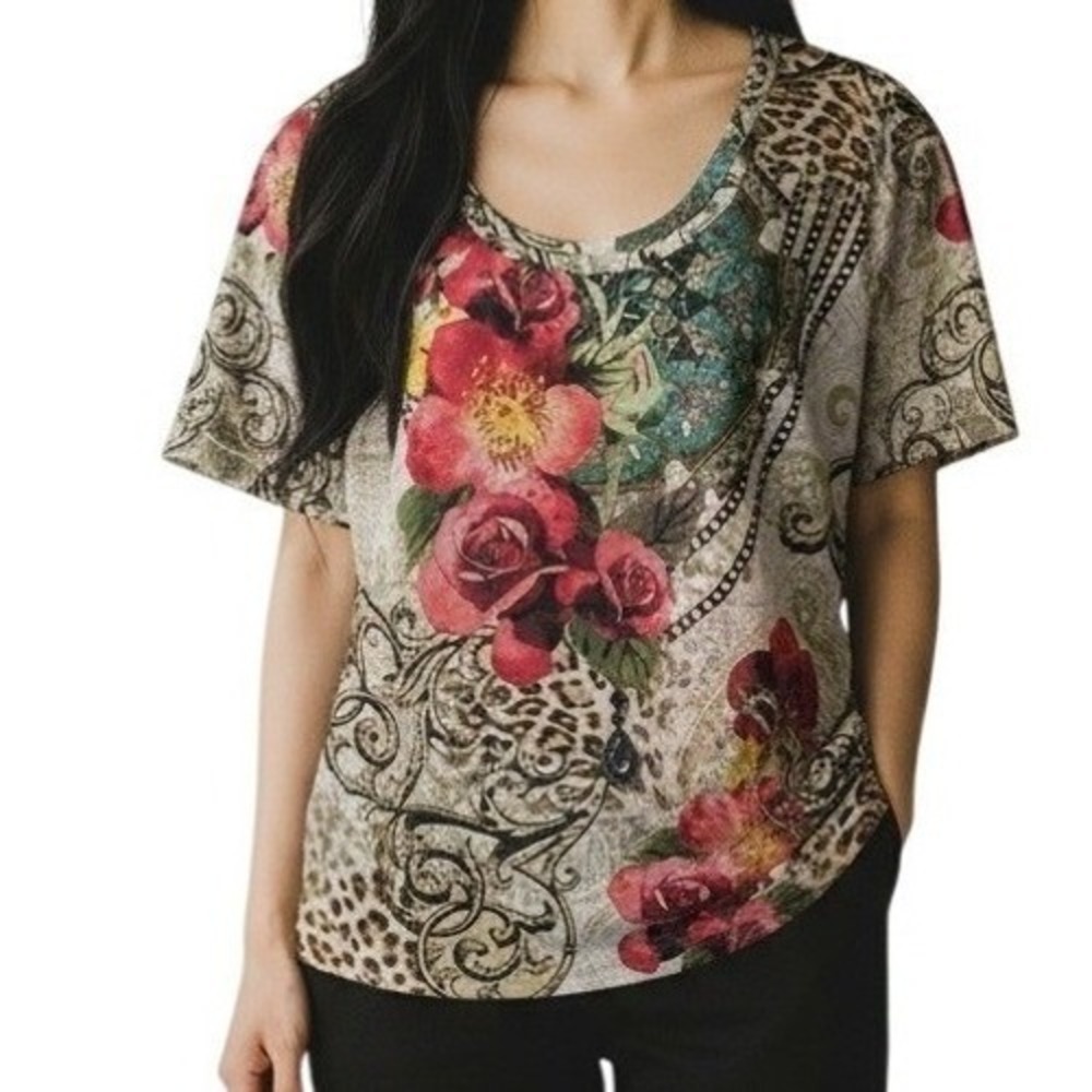 CACHE‎ Floral Leopard Print Embellished Scoop Neck T-Shirt Top EUC Size Mediumm
